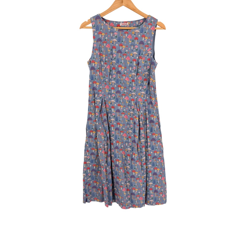 Cath Kidston Mushroom Print Midi Dress Blue 10 Cottagecore Whimsical Toadstool